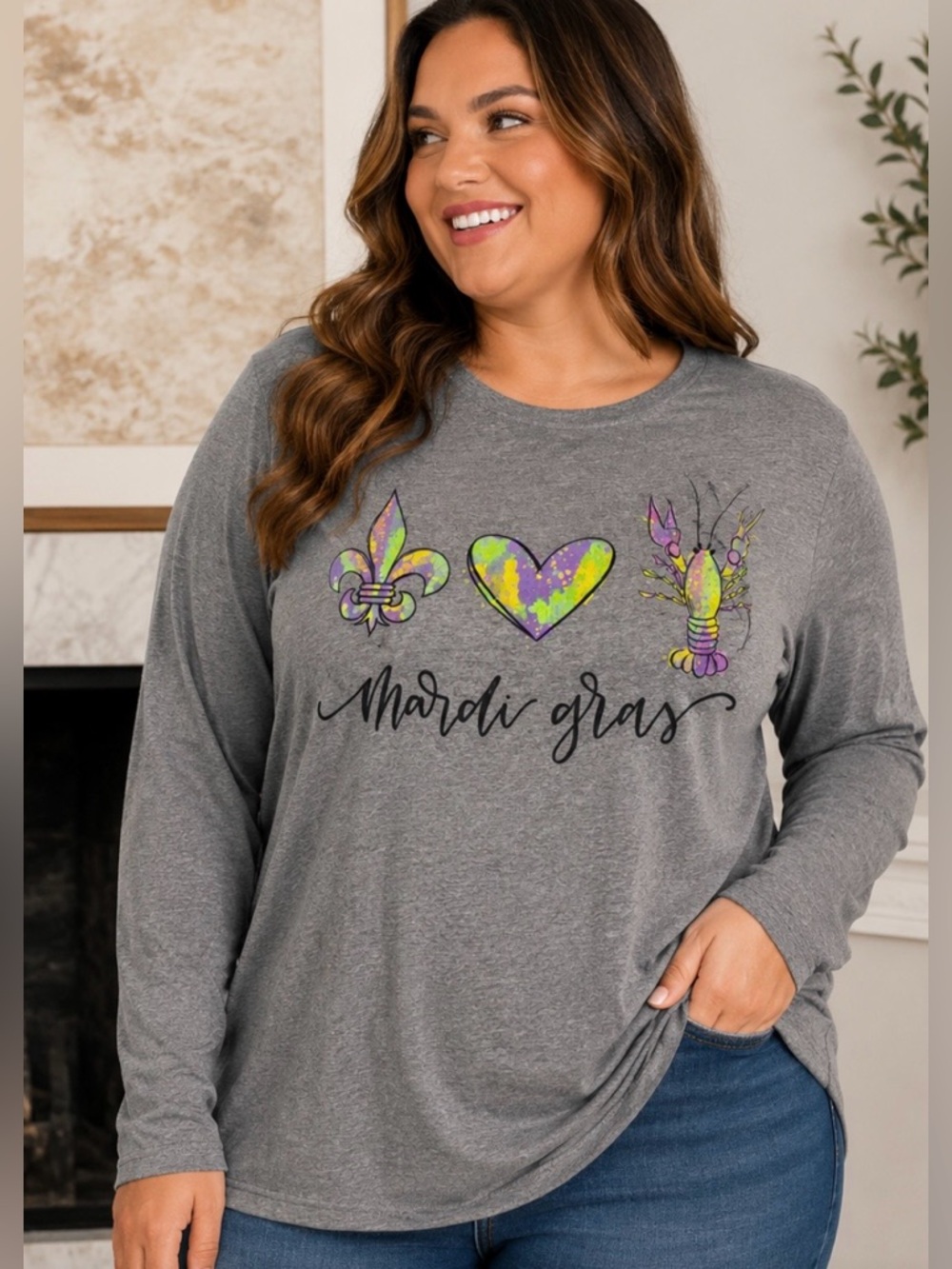 Bella + Canvas Gray Mardi Gras Long Sleeve Tee 💜💚💛